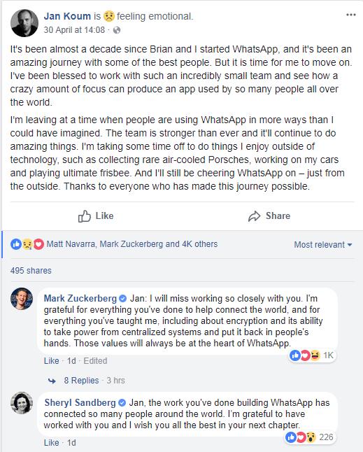 Facebook用户数据泄露_Jan Koum离职原因_WhatsApp