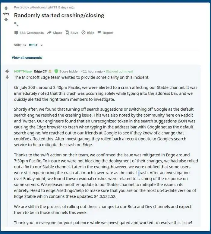 浏览器崩溃是什么原因_ Chromium版Edge崩溃问题 _微软Edge浏览器BUG修复 