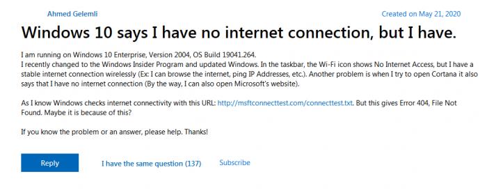 Windows 10网络连接状态指示器问题解决_Windows 10 May 2020 显示错误互联网连接警告修复_微软无线显示适配器无法连接