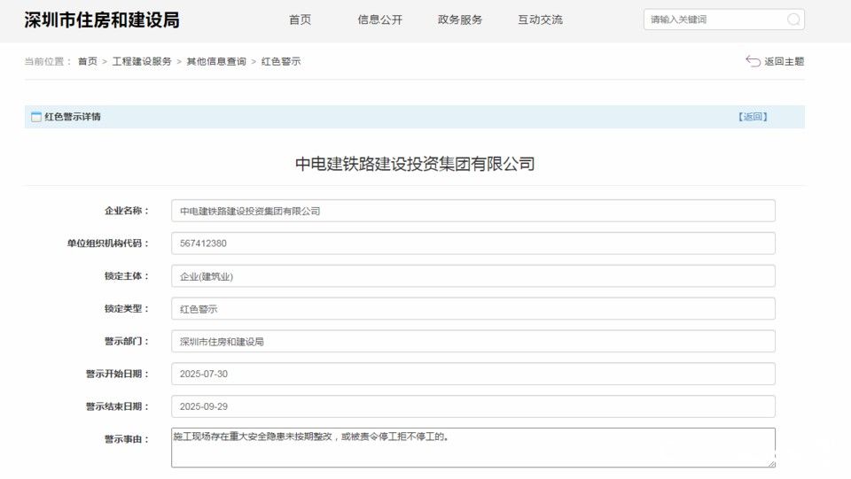 施工现场存在重大安全隐患未按期整改,电建铁路公司被列入深圳住建局红色警示两个月